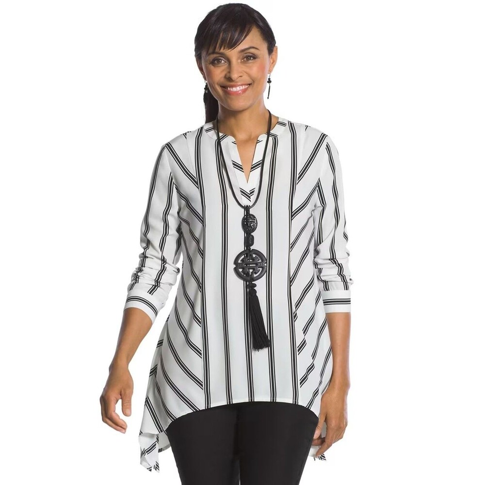 Chico's Lagenlook Tunic Top Asymmetric Hem White Striped Long Sleeve Boho Artsy